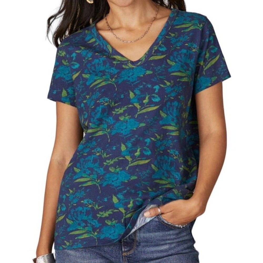SUNDANCE Blue Floral Floraine Blossom Tee Shirt V-Neck 100% Cotton Boho Size S